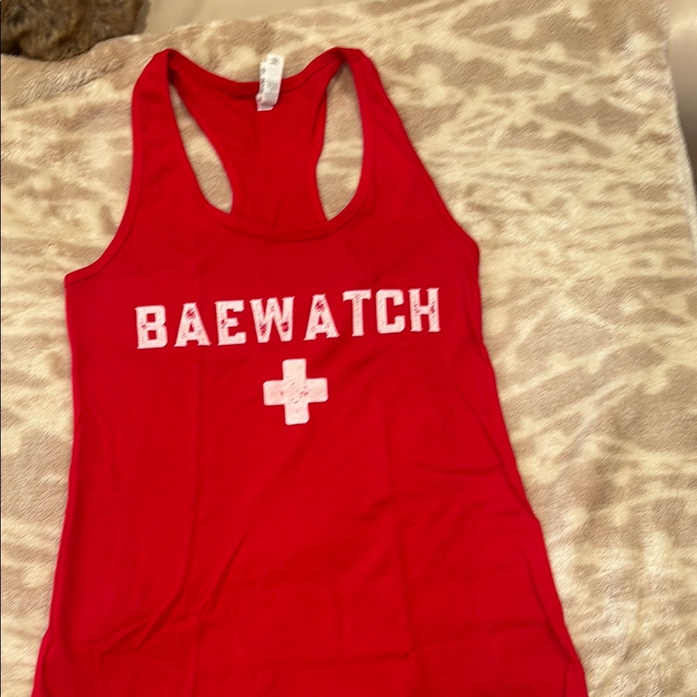 Red Fitted Racerback Tank Top with White Print